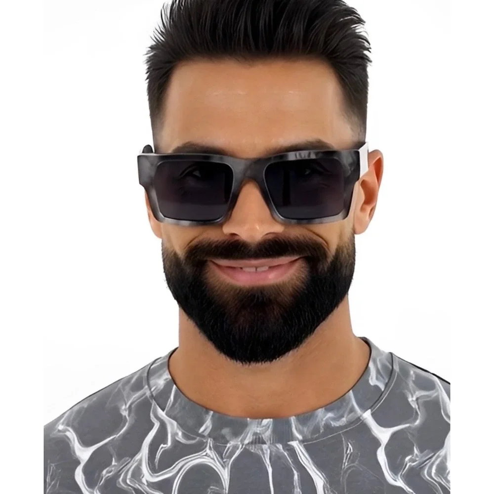Dark Black Lenses Retro Casual Men‎ Sunglasses Brown Marble Thick Frame Unique